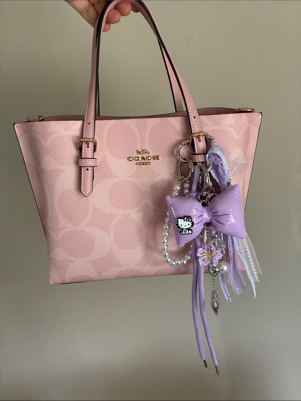 Hello Kitty Lavender Bow Bag Charm with Pearls & Hearts